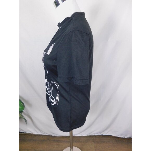 Witchy Gothic Graphic Shirt Womens Medium Black Deep V Cutout Choker Cats Moon - Picture 6 of 12